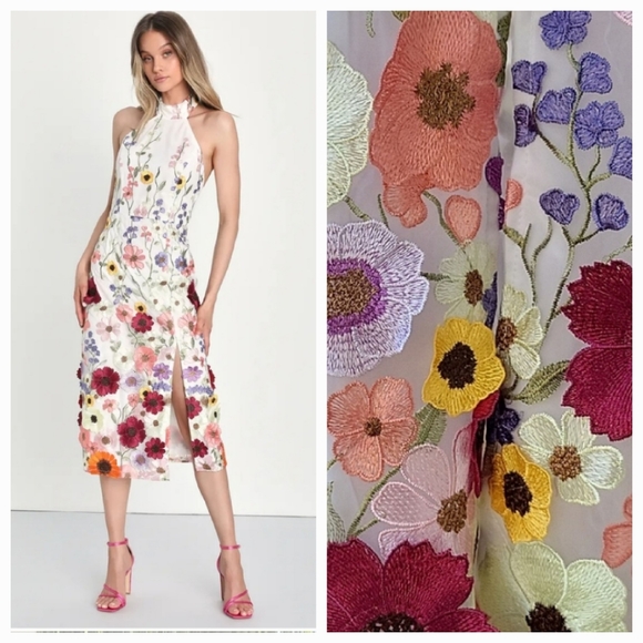 Lulus Dresses & Skirts - Lulu's Unique Impression Ivory 3D Floral Embroidered Halter Midi Dress NWOT